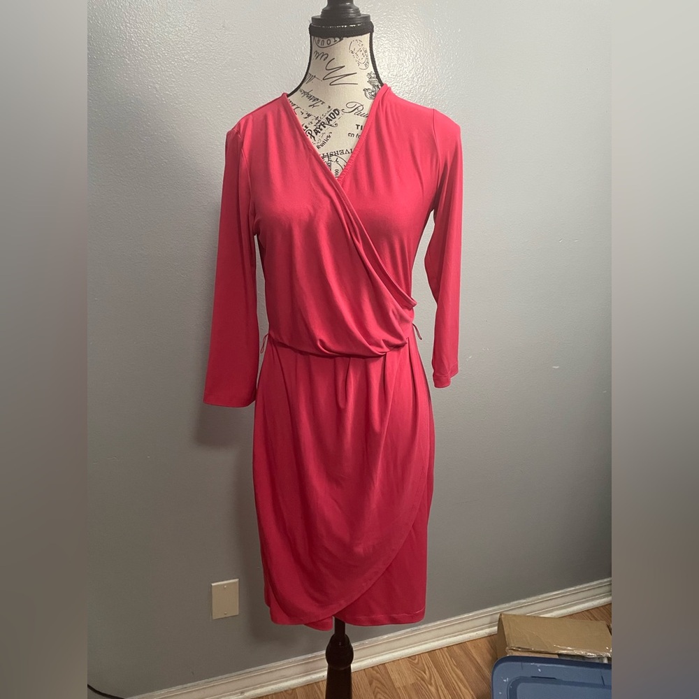 New York & Company Pink Sheath Dress V-Neck Long Sleeve